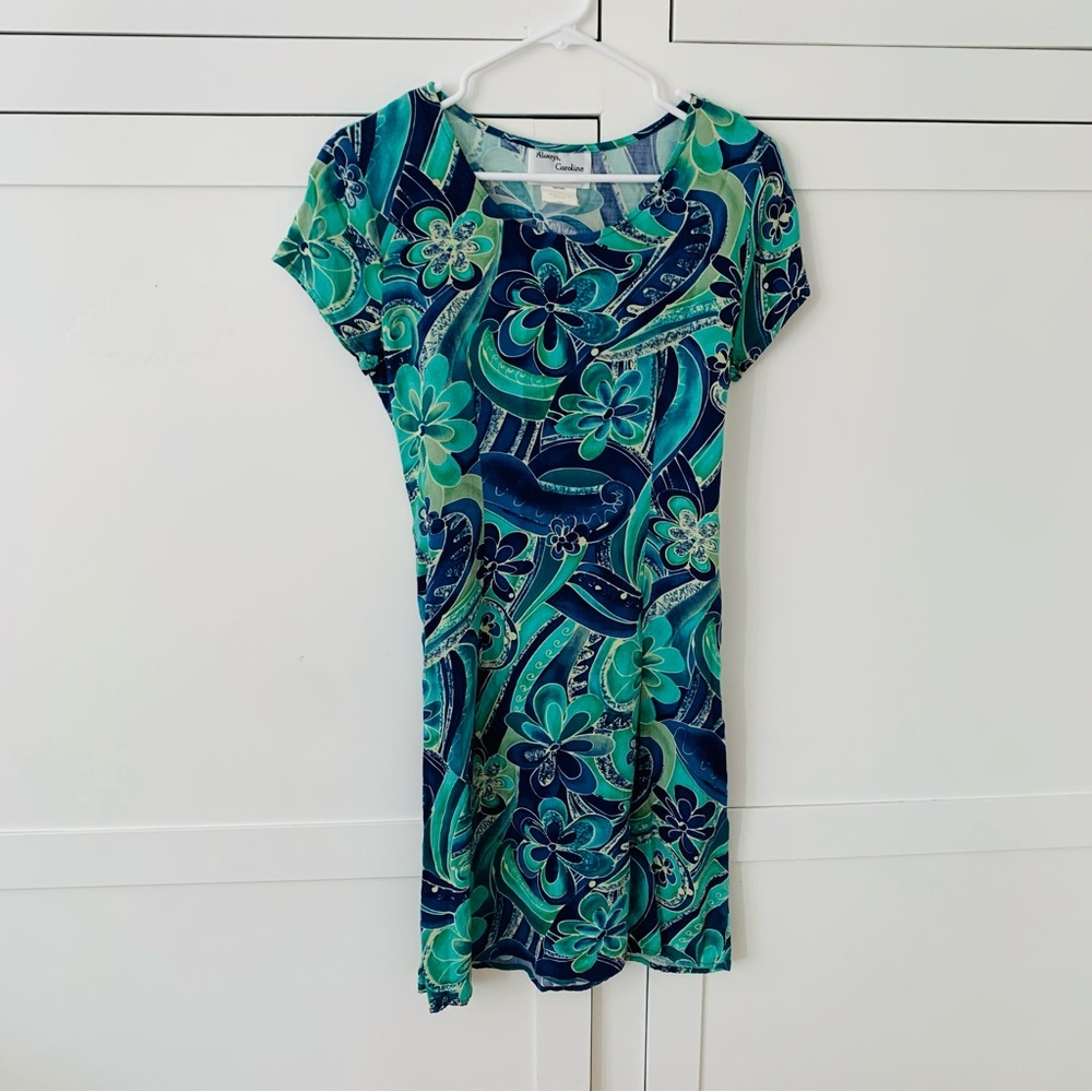 Vintage Always, Caroline Rayon Blue/Green Floral Midi Tie Dress Size Large